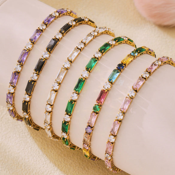 Wholesale Women's Rectangular Geometric Zircon Stainless Steel Pvd Plated 18K Gold Claw Chain Bracelet