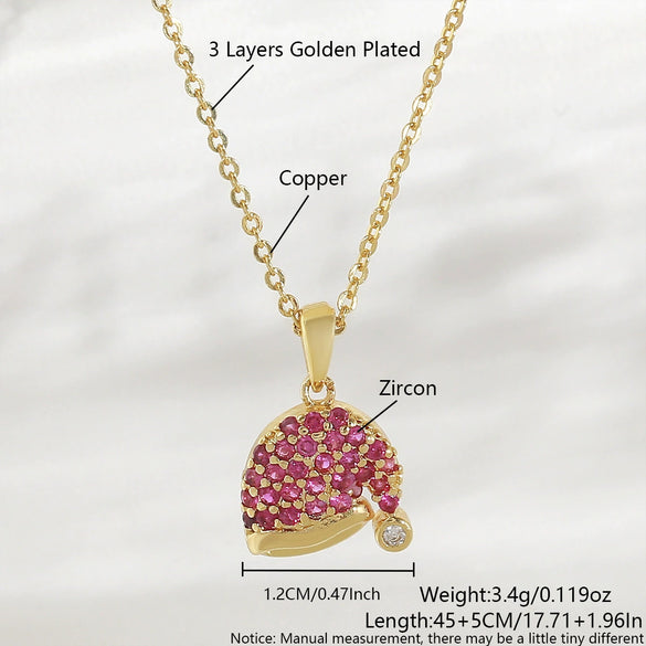 Wholesale Women's Red Zircon Inlaid Copper Goldplated Christmas Hat Pendant Necklace With O Word Chain