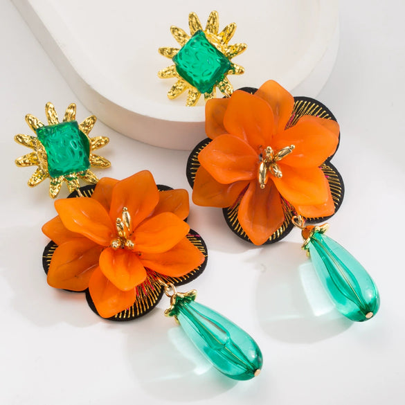 Wholesale Women's Resin Flower Pendant Earrings With Microinlay Creative Exaggerated Multilayer Design