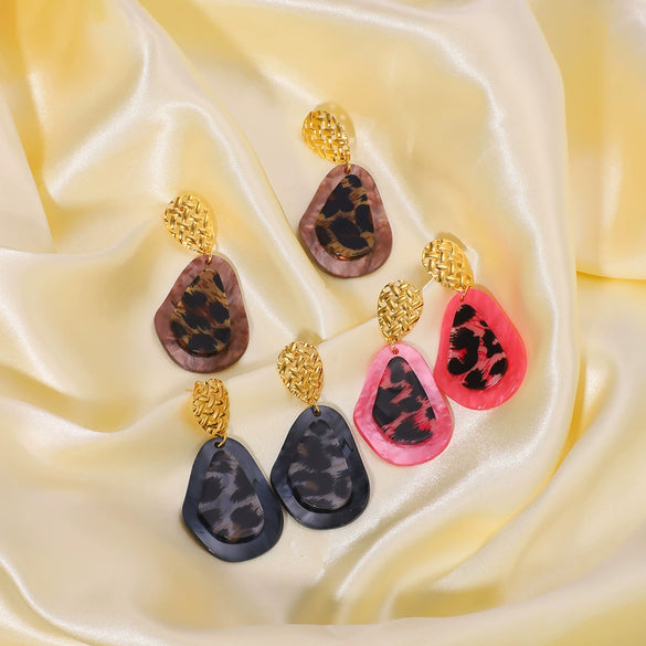 Wholesale Women's Resin Geometric Water Drop Pendant Leopard Earrings In Stainless Steel With 18K Vacuum Plating In Furnace