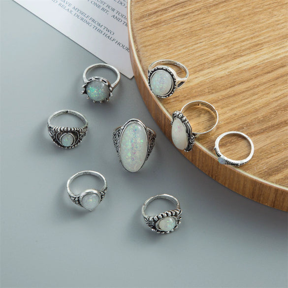 Wholesale Women's Retro Alloy Geometric Oil Dropping Gem Ring Set With Electroplating