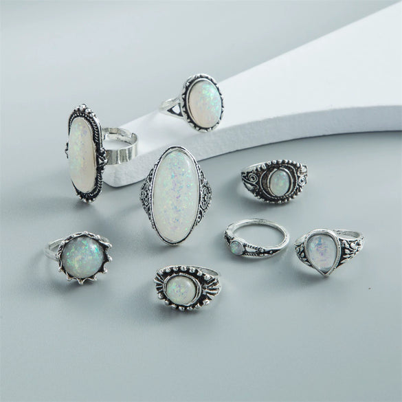 Wholesale Women's Retro Alloy Geometric Oil Dropping Gem Ring Set With Electroplating