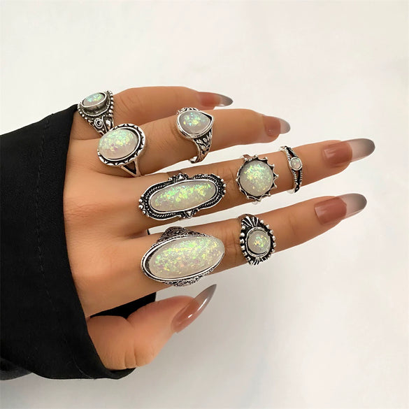 Wholesale Women's Retro Alloy Geometric Oil Dropping Gem Ring Set With Electroplating