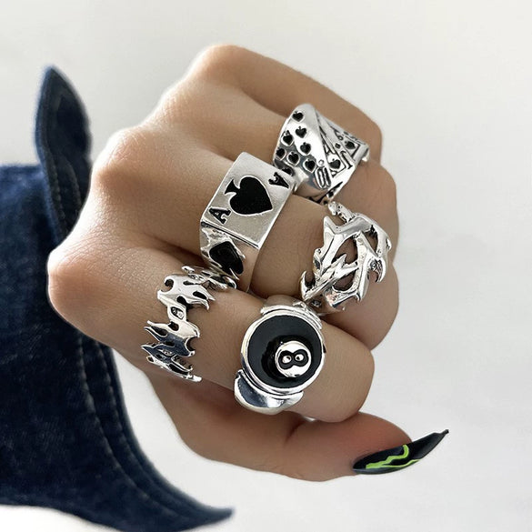 Wholesale Women's Retro Alloy Geometric Ring Set With Black Drop Glaze Zircon And Electroplating Treatment