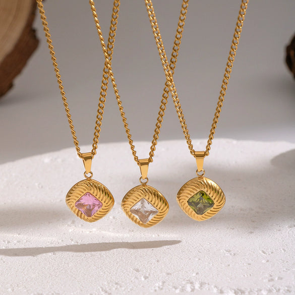 Wholesale Women's Retro Ancient Style Geometric Pattern Square Striped Lace Inlaid Zircon Pendant Necklace With 18K Real Gold Plating And Pvd Furnace Vacuum Real Gold Plating