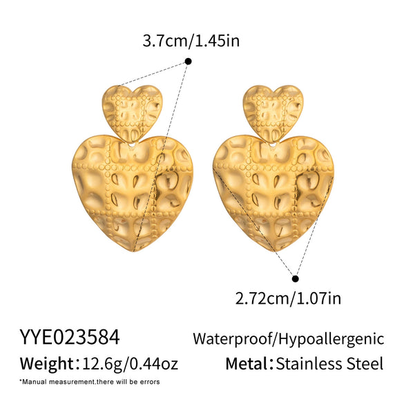 Wholesale Women's Retro Antiquestyle Heartshaped Stainless Steel Vacuum Real Gold Plated Textured Earrings Accessories