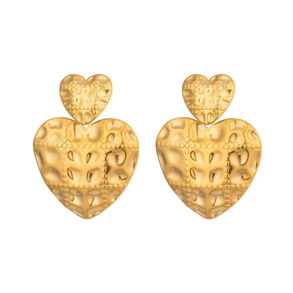 Wholesale Women's Retro Antiquestyle Heartshaped Stainless Steel Vacuum Real Gold Plated Textured Earrings Accessories