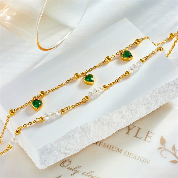Wholesale Women's Retro Creative Double Layer Stacked Beaded Titanium Steel Anklet With Heart Shaped Love Pendant