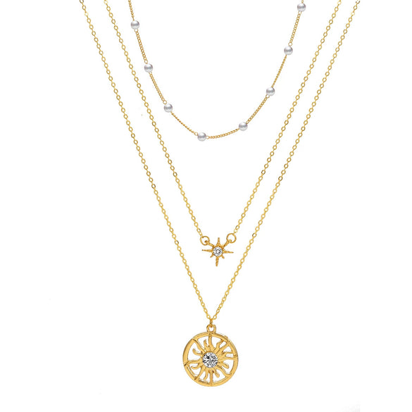 Wholesale Women's Retro Creative Simple Multilayer Clavicle Chain With Sun Pendant Alloy Material Geometric Pattern Electroplating Treatment