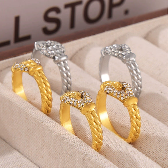 Wholesale Women's Retro Diamond Hemp Lace Ring Titanium Steel With 18K Gold Plated Electroplating Geometric Design