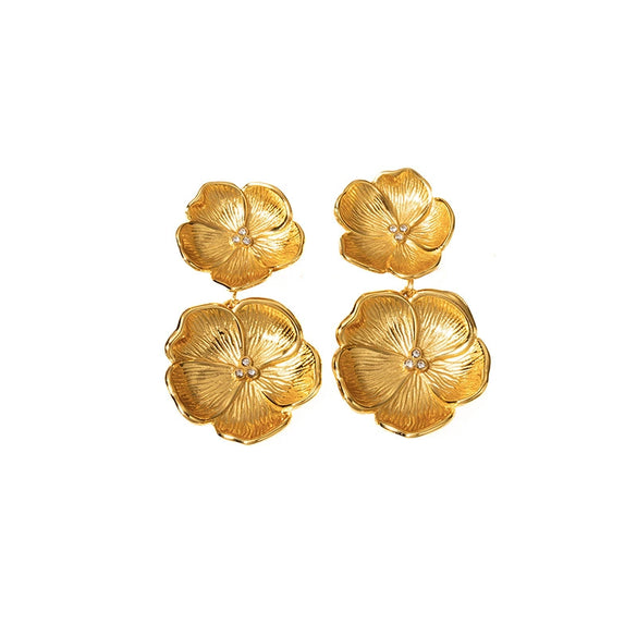 Wholesale Women's Retro Double Flower Titanium Steel Earrings 18K Gold Plated