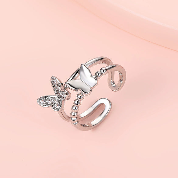 Wholesale Women's Retro Doublelayer Copper Ring With Microinlaid Zircon Butterfly Flap And Electroplating