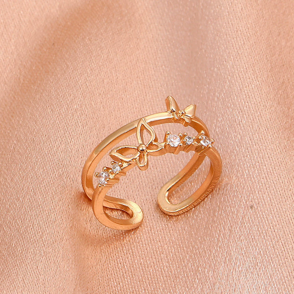 Wholesale Women's Retro Doublelayer Copper Ring With Microinlaid Zircon Butterfly Flap And Electroplating