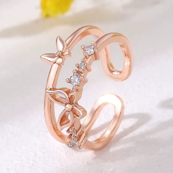 Wholesale Women's Retro Doublelayer Copper Ring With Microinlaid Zircon Butterfly Flap And Electroplating