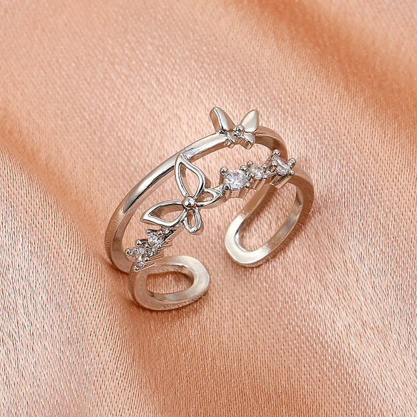 Wholesale Women's Retro Doublelayer Copper Ring With Microinlaid Zircon Butterfly Flap And Electroplating