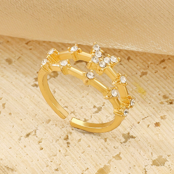 Wholesale Women's Retro Doublelayer Copper Ring With Microinlaid Zircon Butterfly Flap And Electroplating
