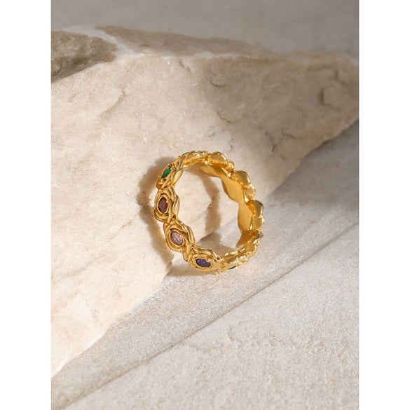 Wholesale Women's Retro Elegant 18K Gold Plated Stainless Steel Ring Set With Round Colorful Zircons