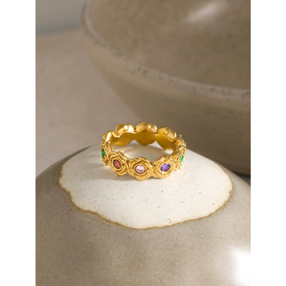 Wholesale Women's Retro Elegant 18K Gold Plated Stainless Steel Ring Set With Round Colorful Zircons