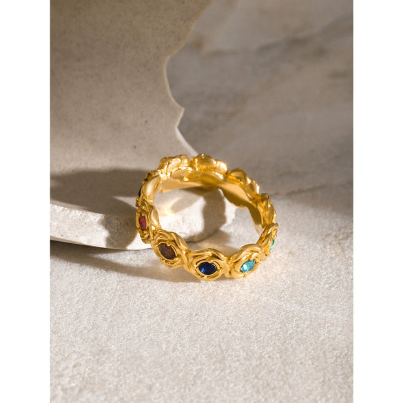 Wholesale Women's Retro Elegant 18K Gold Plated Stainless Steel Ring Set With Round Colorful Zircons