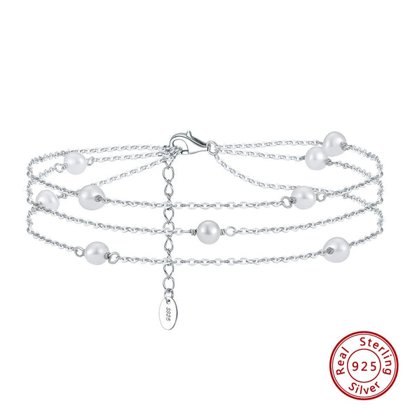 Wholesale Women's Retro Elegant S925 Sterling Silver Anklet With Natural Baroque Pearl And Geometric Design
