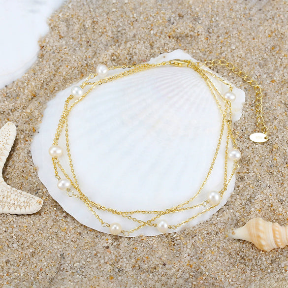 Wholesale Women's Retro Elegant S925 Sterling Silver Anklet With Natural Baroque Pearl And Geometric Design