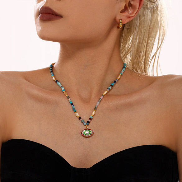 Wholesale Women's Retro Ethnic Style Natural Stone And Stainless Steel Beaded Necklace With Geometric Design And Electroplating Treatment