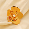 Wholesale Women's Retro Exaggerated Flower Ring Stainless Steel With Pearl Inlay And 18K Gold Plated