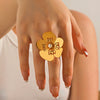 Wholesale Women's Retro Exaggerated Flower Ring Stainless Steel With Pearl Inlay And 18K Gold Plated