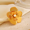 Wholesale Women's Retro Exaggerated Flower Ring Stainless Steel With Pearl Inlay And 18K Gold Plated