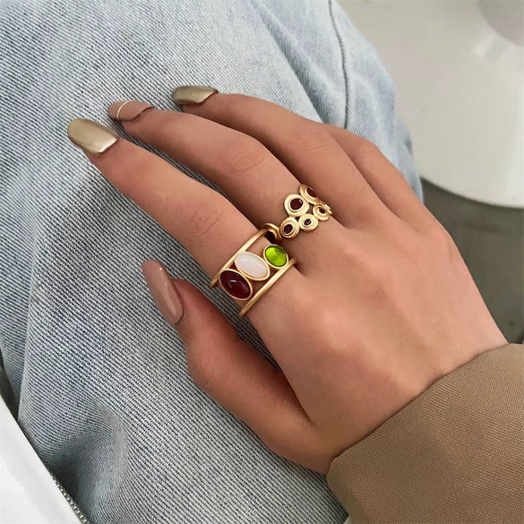 Wholesale Women's Retro Fashion Glazed Stone Enamel Opening Adjustable Ring Copper Electroplating Geometric Design