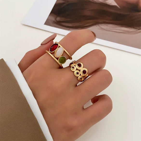 Wholesale Women's Retro Fashion Glazed Stone Enamel Opening Adjustable Ring Copper Electroplating Geometric Design