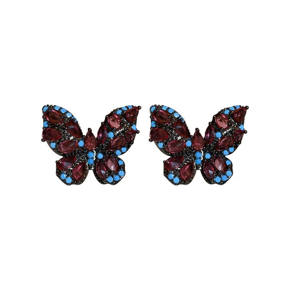 Wholesale Women's Retro Fashion Light Luxury Copper Earrings With Colorful Butterfly And Geometric Pattern And Electroplating Treatment