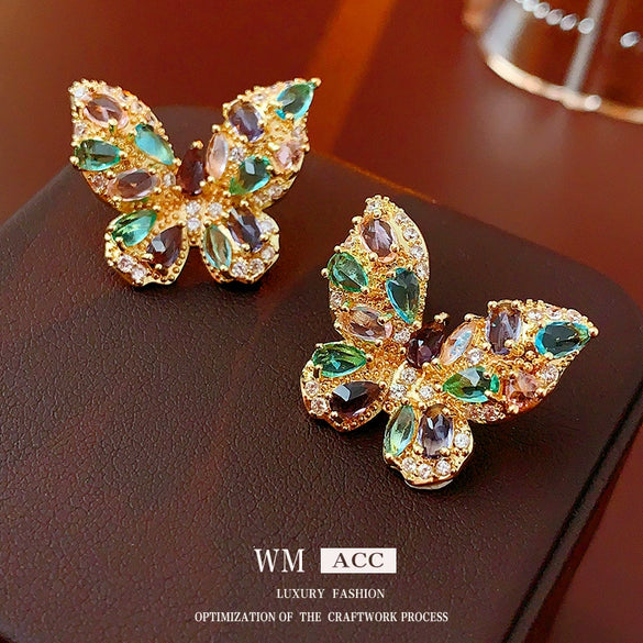 Wholesale Women's Retro Fashion Light Luxury Copper Earrings With Colorful Butterfly And Geometric Pattern And Electroplating Treatment