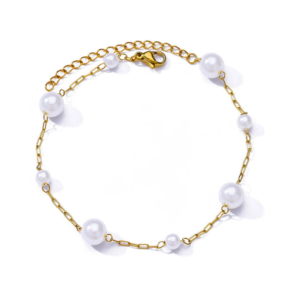 Wholesale Women's Retro Fashion Natural Stone Pearl Geometric Stainless Steel Anklet With Gold Plated Artificial And Semiprecious Stones