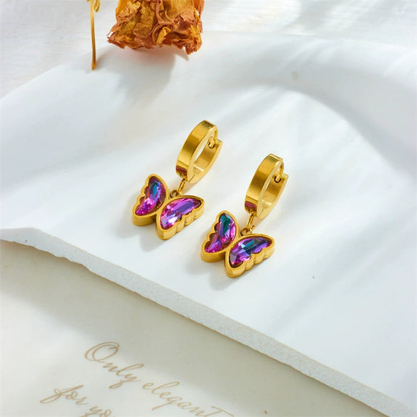 Wholesale Women's Retro Fashion Niche Purple Colorful Rhinestone Butterfly Pendant Accessories Earrings Gold Plated Titanium Steel With Electroplating