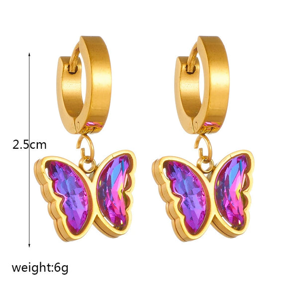 Wholesale Women's Retro Fashion Niche Purple Colorful Rhinestone Butterfly Pendant Accessories Earrings Gold Plated Titanium Steel With Electroplating