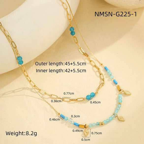 Wholesale Women's Retro Fashion Stainless Steel Geometric Beaded Double Clavicle Necklace With Electroplating Design