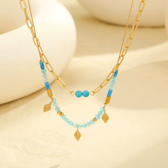 Wholesale Women's Retro Fashion Stainless Steel Geometric Beaded Double Clavicle Necklace With Electroplating Design