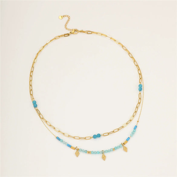 Wholesale Women's Retro Fashion Stainless Steel Geometric Beaded Double Clavicle Necklace With Electroplating Design