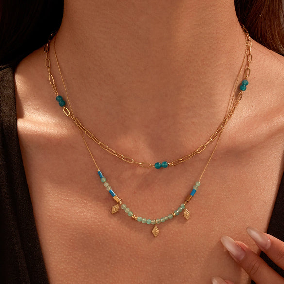 Wholesale Women's Retro Fashion Stainless Steel Geometric Beaded Double Clavicle Necklace With Electroplating Design