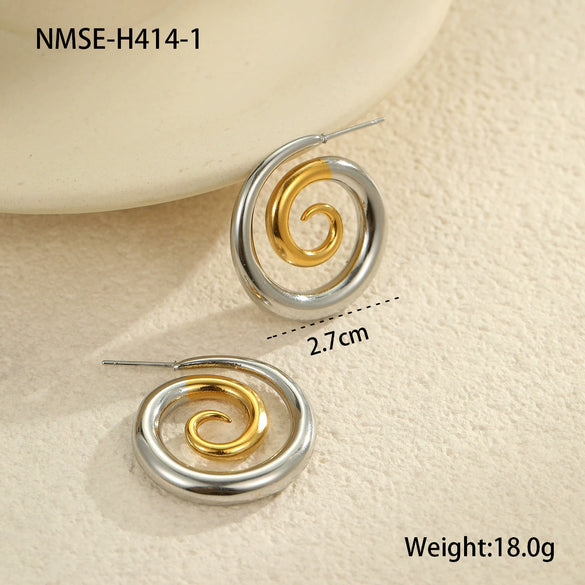 Wholesale Women's Retro Fashion Stainless Steel 18K Gold Plated Geometric Hollow Spiral Earrings