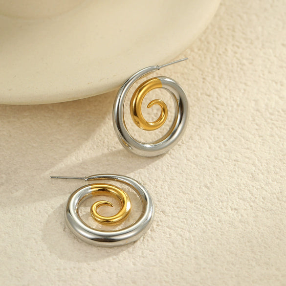 Wholesale Women's Retro Fashion Stainless Steel 18K Gold Plated Geometric Hollow Spiral Earrings