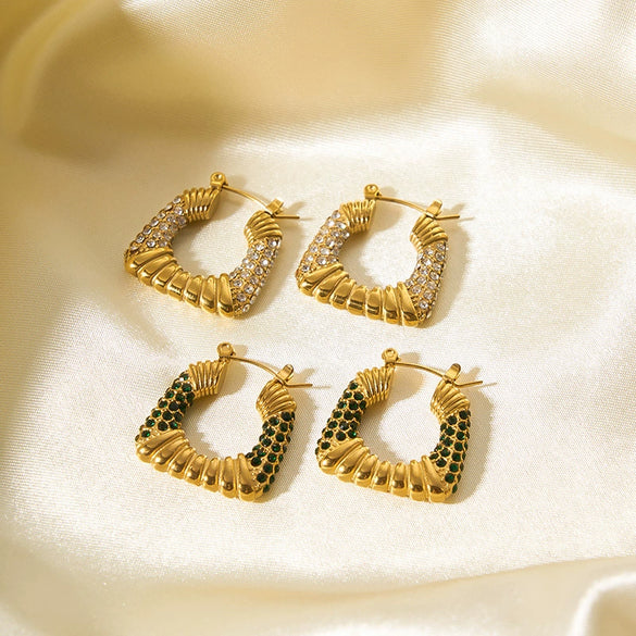 Wholesale Women's Retro Fashion Stud Earrings Stainless Steel With 18K Gold Inlaid Zircon Geometric Trapezoid Design Electroplated