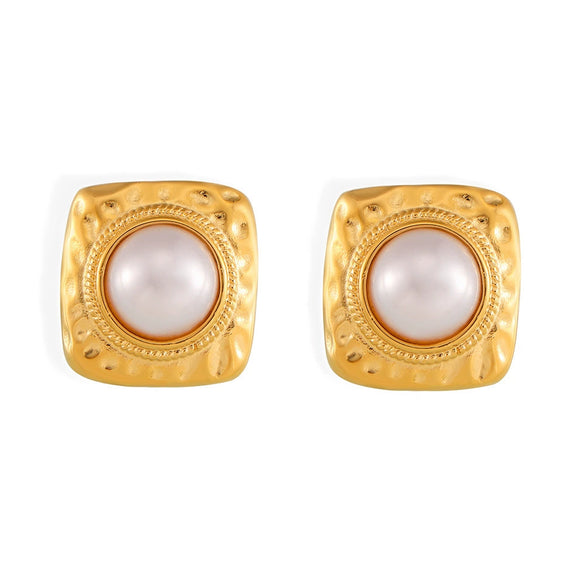 Wholesale Women's Retro French Court Style Square 316L Stainless Steel Plated 18K Gold Imitation Pearl Earrings With Geometric Design