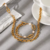 Wholesale Women's Retro Freshwater Pearl Jewelry Stainless Steel Gold Plated Geometric Oshaped Chain Necklace And Bracelet