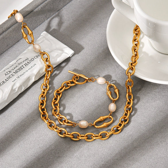 Wholesale Women's Retro Freshwater Pearl Jewelry Stainless Steel Gold Plated Geometric Oshaped Chain Necklace And Bracelet