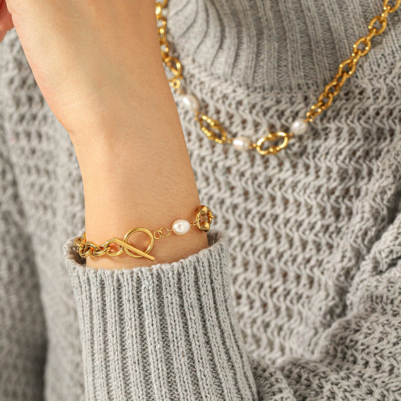 Wholesale Women's Retro Freshwater Pearl Jewelry Stainless Steel Gold Plated Geometric Oshaped Chain Necklace And Bracelet