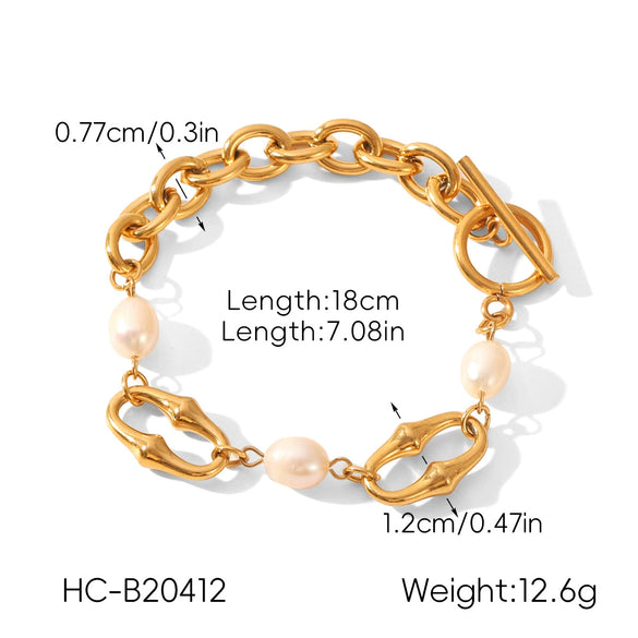 Wholesale Women's Retro Freshwater Pearl Jewelry Stainless Steel Gold Plated Geometric Oshaped Chain Necklace And Bracelet