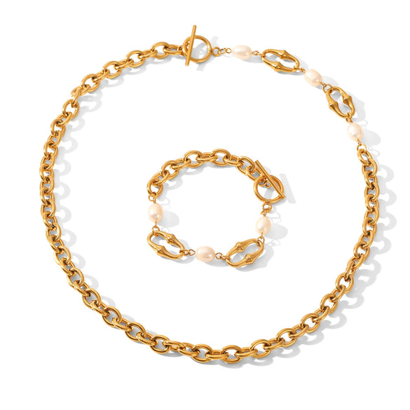 Wholesale Women's Retro Freshwater Pearl Jewelry Stainless Steel Gold Plated Geometric Oshaped Chain Necklace And Bracelet