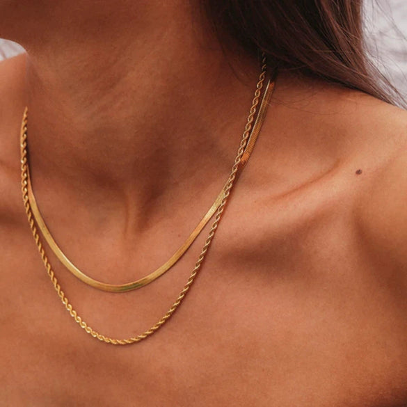 Wholesale Women's Retro Geometric Double Layer Flat Snake Chain Necklace In Titanium Steel And Stainless Steel With Electroplating